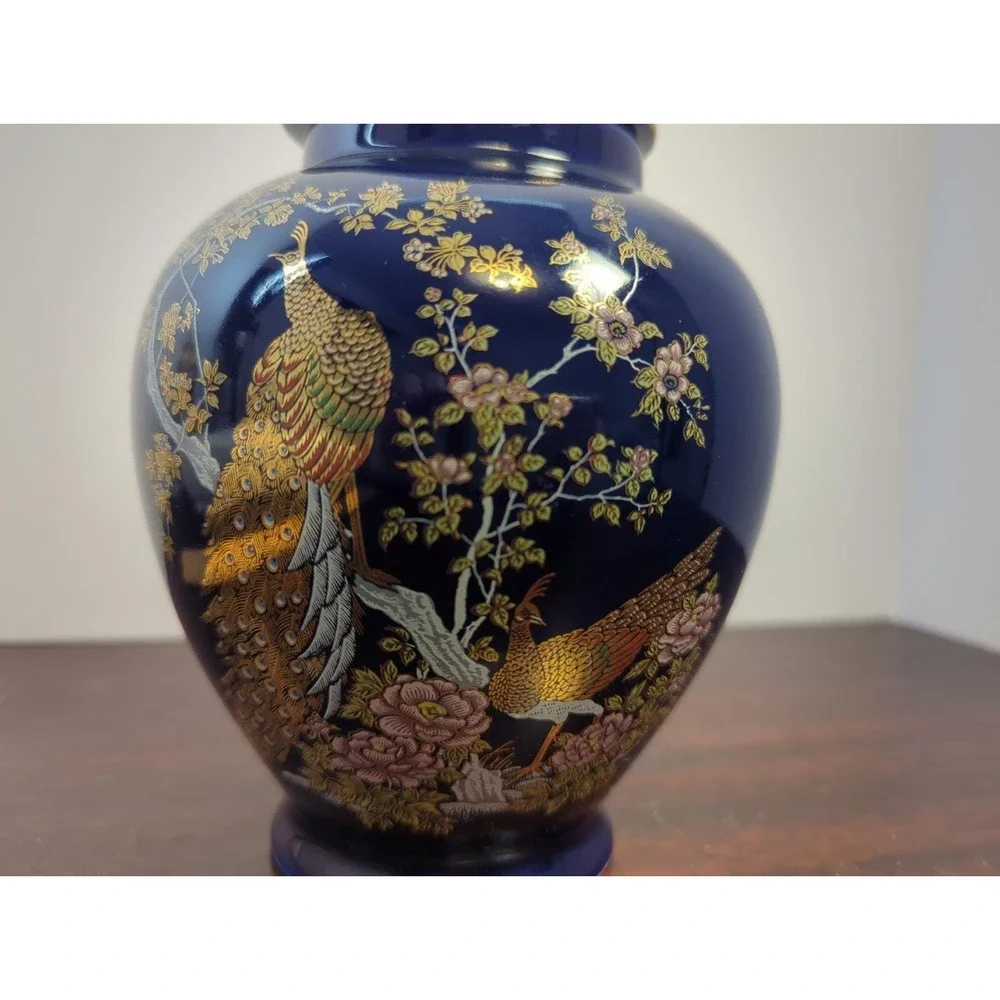 Vintage Shirakabe China Cobalt Blue Ginger Jar Pheasant Gold Gilt Made in Japan